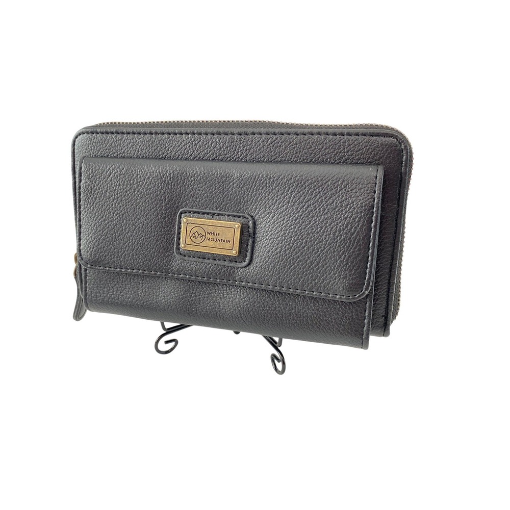 White Mountain Zip Around Wallet Women Large Black Pebbled Faux Leather Clutch‎